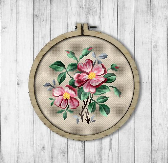 Vintage Flowers Cross Stitch Pattern Wild Rose Flowers Cross Etsy  - Easy Simple Rose Cross Stitch Pattern
