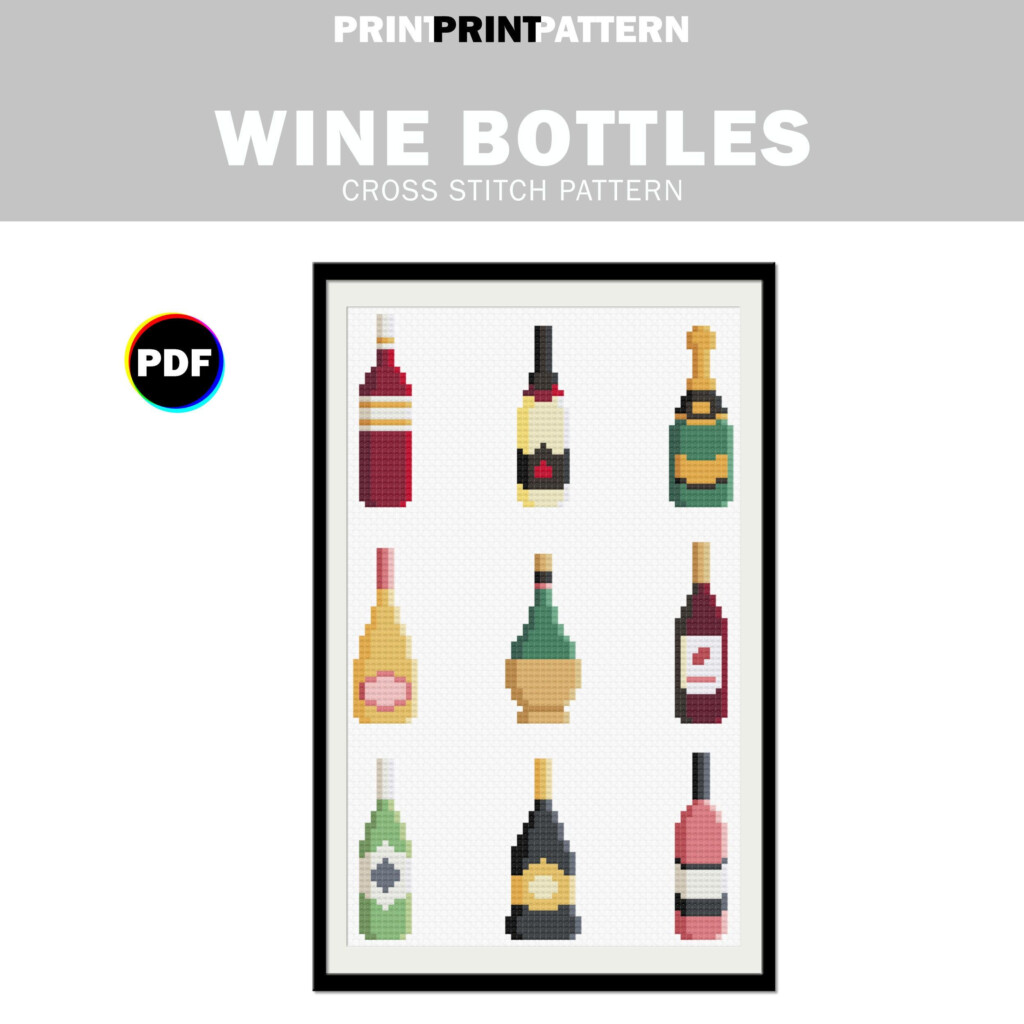 Wine Bottles Cross Stitch Pattern Red Wine White Wine Champagne  - Free Wine Cross Stitch Patterns