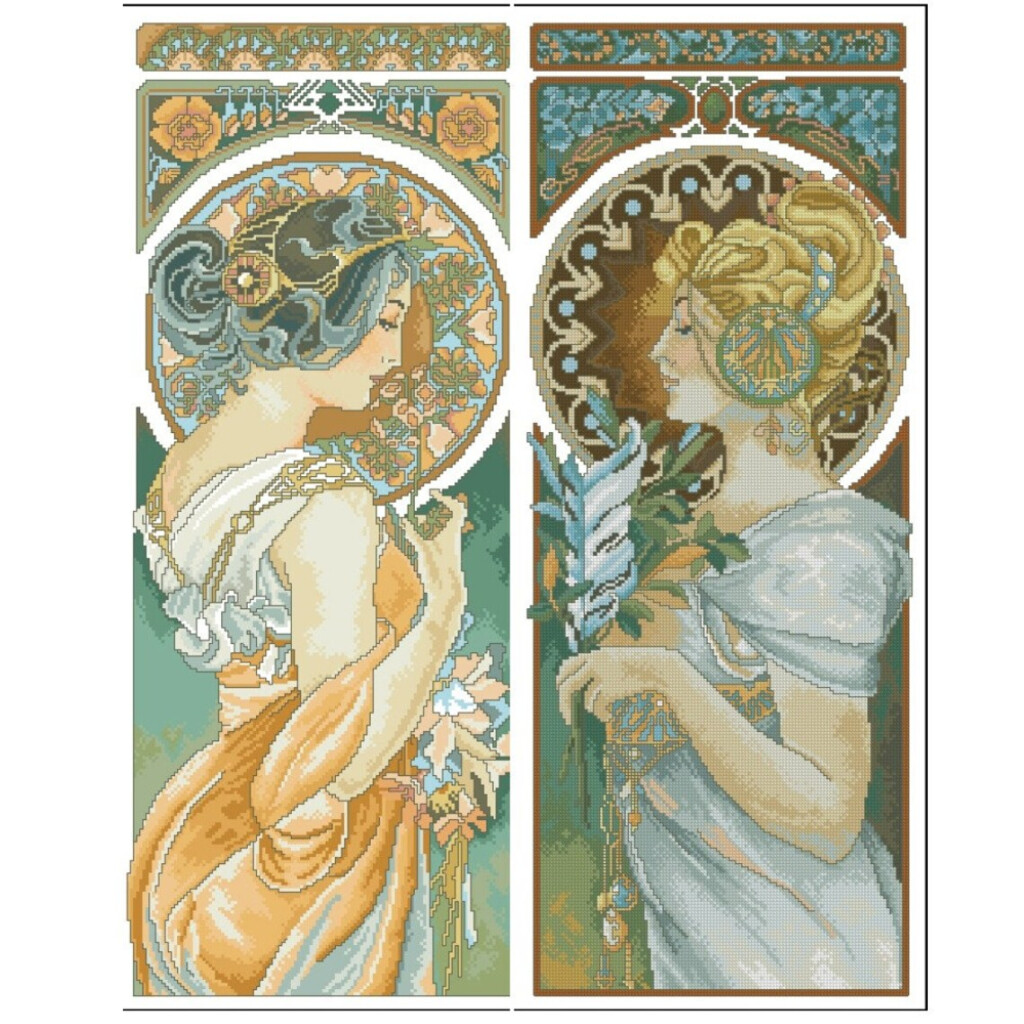 2 Charts By Alphonse Mucha Cross Stitch Patterns DMC Pattern Keeper  - Alphonse Mucha Cross Stitch Patterns