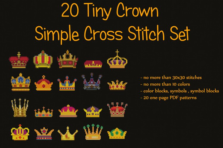 20 Tiny Crown Cross Stitch Set Simple Small Cross Stitch - Crown Cross Stitch Patterns Free