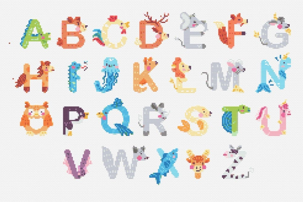 26 Letters Animal Alphabet Cross Stitch Kids Embroidery Patterns Etsy - Animal Alphabet Cross Stitch Patterns