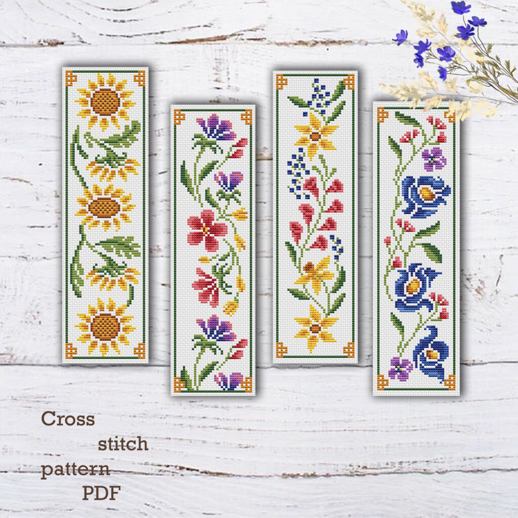 4 Bookmarks Cross Stitch Pattern Flowers Instant Download Book Etsy UK - Cross Stitch Flower Bookmark Patterns