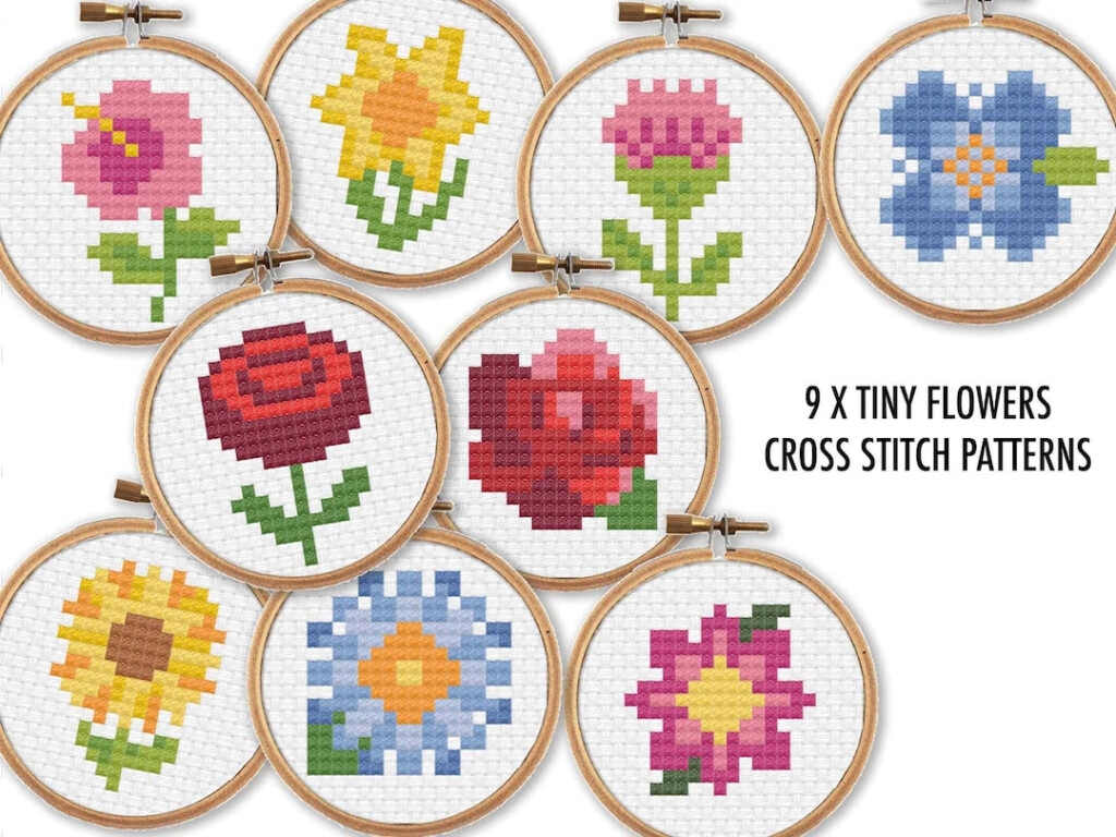 9 X Tiny Flowers Cross Stitch Charts 2 Inch Cross Stitch Patterns  - Very Small Cross Stitch Patterns