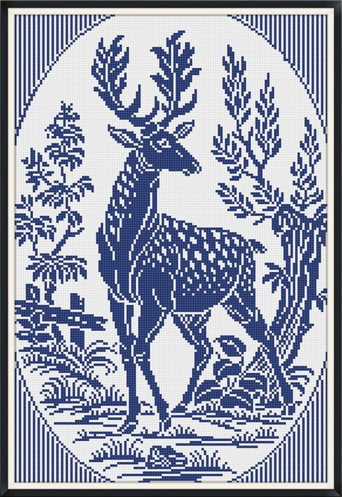 A Blue And White Cross Stitch Pattern With A Deer Standing In The Woods  - Free Blue And White Cross Stitch Patterns