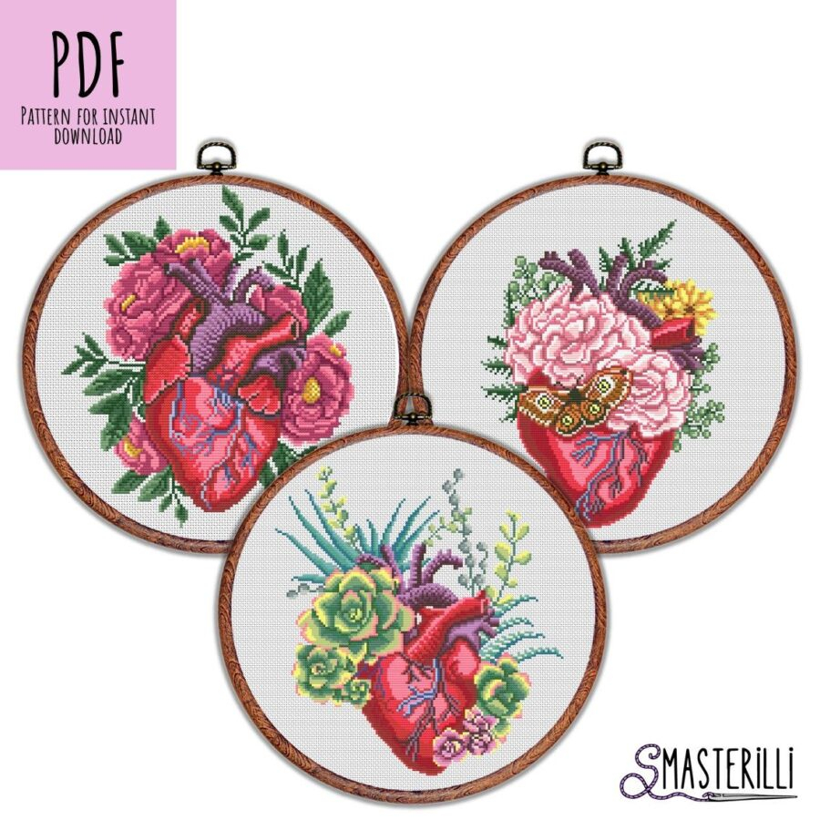 Anatomical Heart Cross Stitch Pattern PDF Set Of Three Embroidery  - Anatomical Heart Cross Stitch Pattern Free