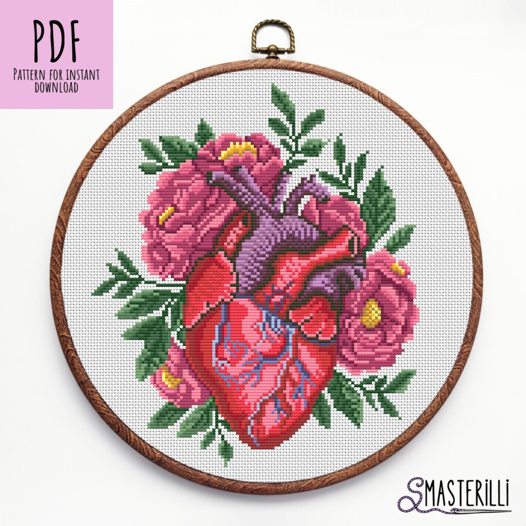 Anatomical Heart With Flowers Cross Stitch Pattern PDF Bot Inspire  - Anatomical Heart Cross Stitch Pattern Free