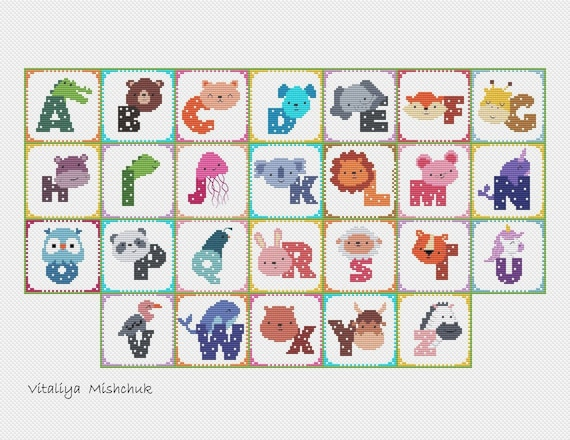 Baby Alphabet Cross Stitch Pattern Letters Baby Animal Easy Etsy - Animal Alphabet Cross Stitch Patterns