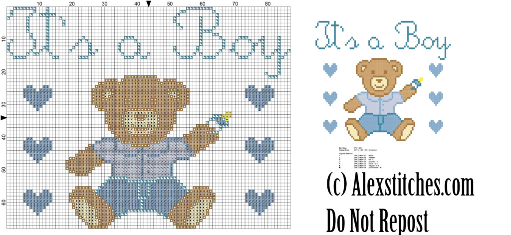 Baby Bear With Jeans It S A Boy Birth Record Cross Stitch Pattern  - Birth Record Cross Stitch Patterns Free