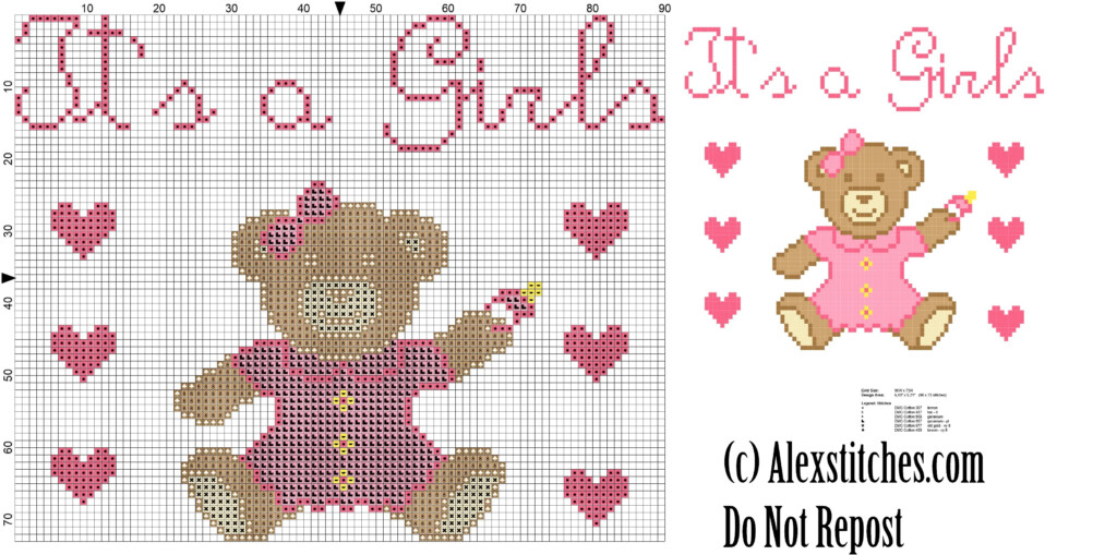 Baby Bear With Jeans It S A Girl Birth Record Cross Stitch Pattern  - Birth Record Cross Stitch Patterns Free
