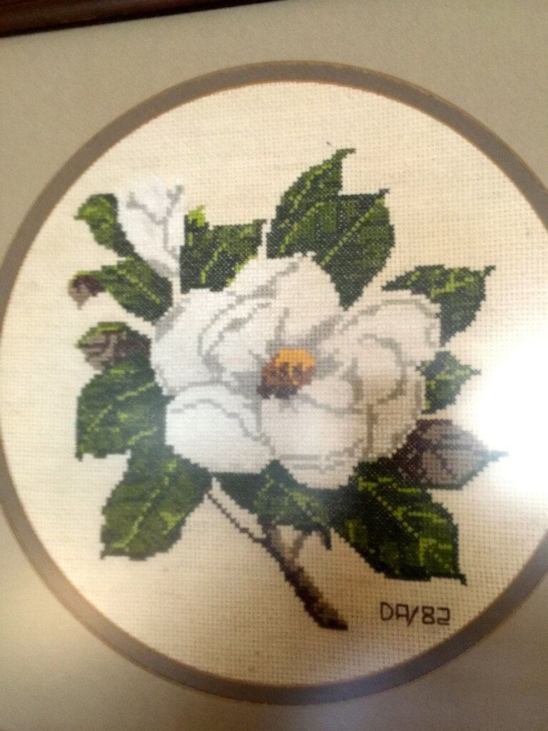 Beautiful Magnolia And Cotton Boll Completed Cross stitch Handcrafted  - Magnolia Cross Stitch Pattern Free