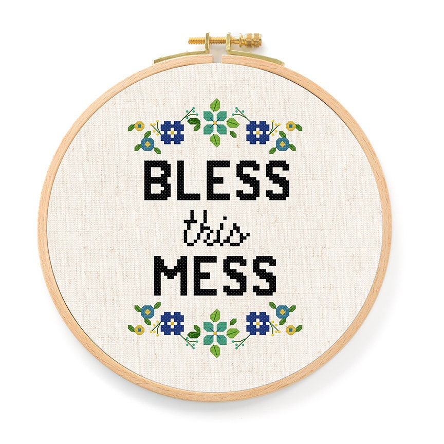 Bless This Mess Cross Stitch Pattern Flowery Quote Modern Etsy Sweden - Bless This Mess Cross Stitch Pattern
