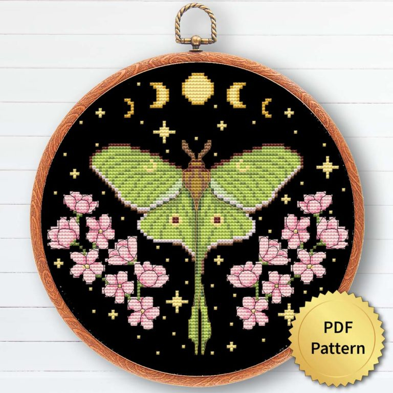 Cottagecore Luna Moth Cross Stitch Pattern 4Stitch - Moth Cross Stitch Pattern Free