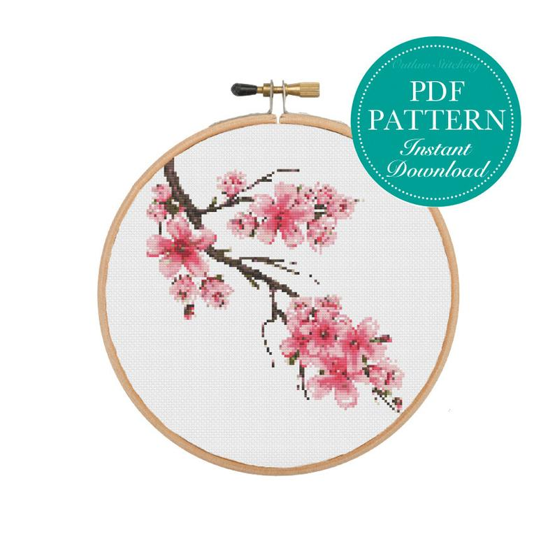 Counted Cross Stitch Pattern Cherry Blossom Plant Cross Stitch Flower  - Cherry Blossom Cross Stitch Pattern