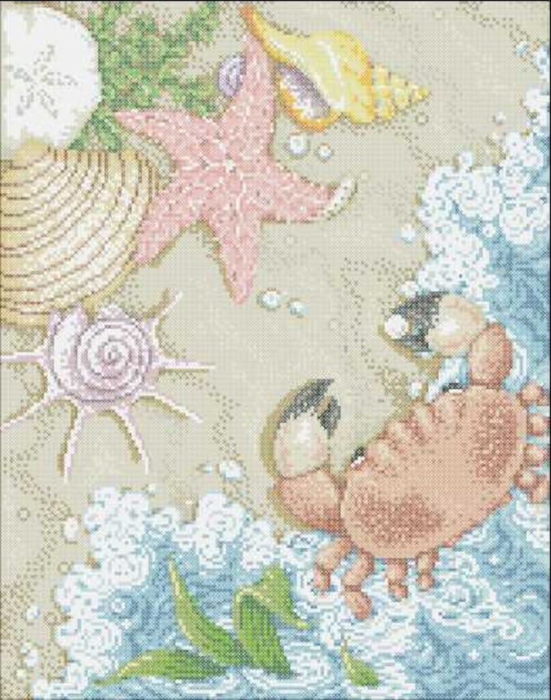 Crab Seashell Seastar Beach Ocean Cross Stitch Pattern Etsy - Beach And Ocean Cross Stitch Patterns
