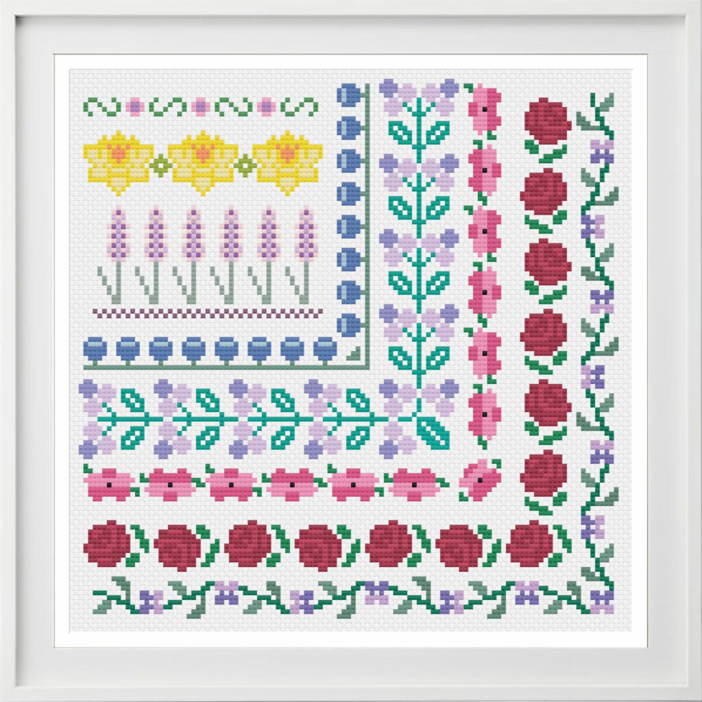 Cross Stitch Borders Pattern Floral Digital Download Sampler - Cross Stitch Flower Border Patterns Free