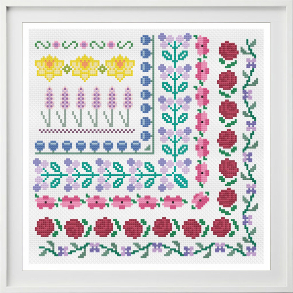 Cross Stitch Borders Pattern Floral Digital Download Sampler - Floral Cross Stitch Border Patterns Free