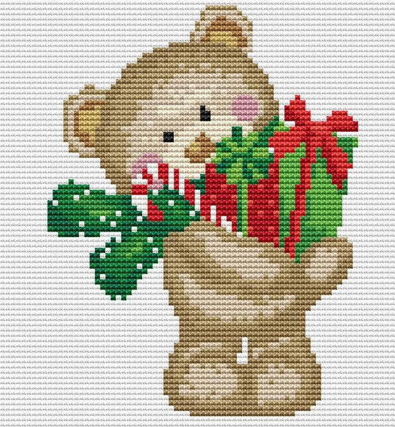 Cross Stitch Pattern Christmas Bear With Gifts Instant Etsy - Christmas Bear Cross Stitch Pattern