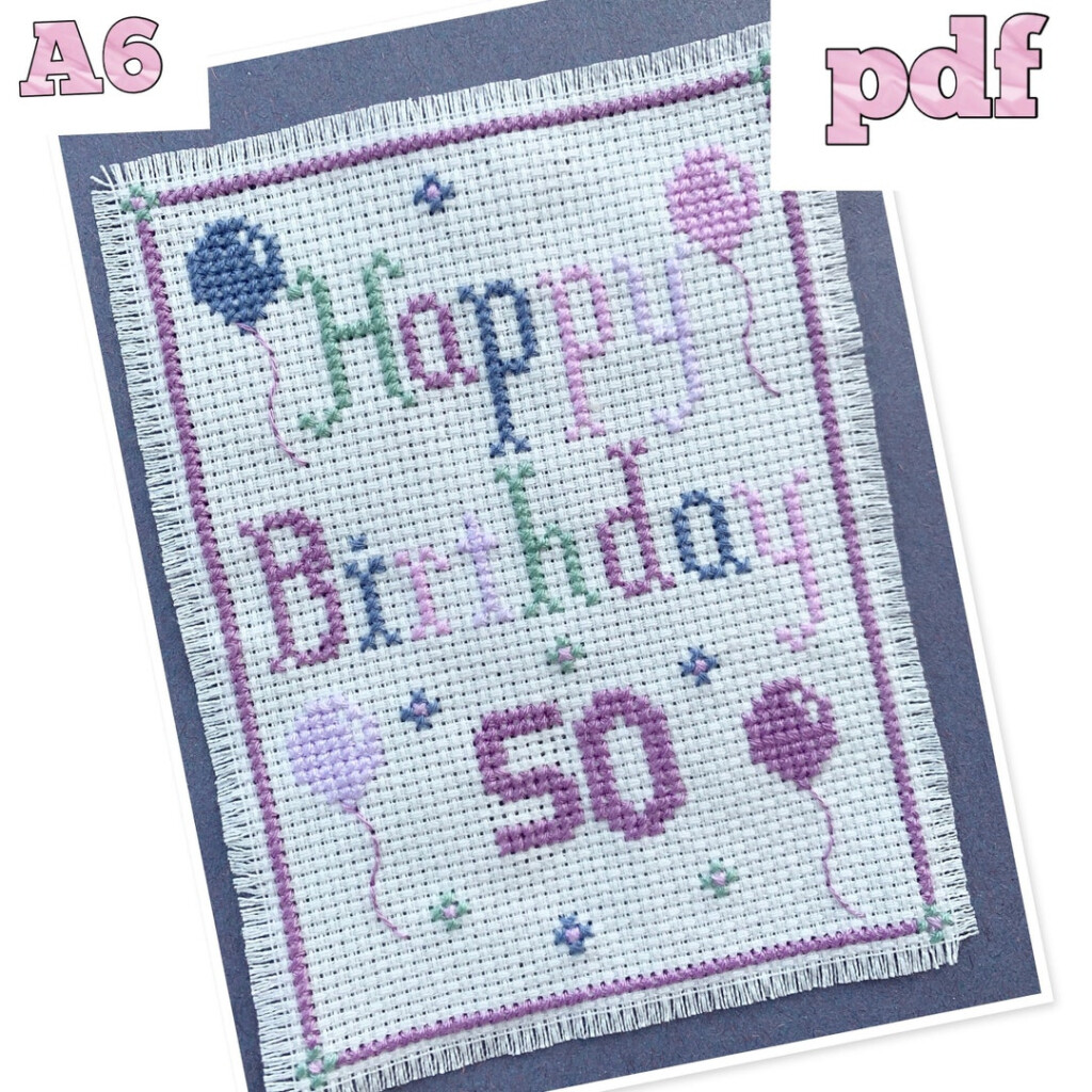 Cross Stitch Pattern Happy Birthday 50th Lavender Balloons Pdf Pattern  - Free 50th Birthday Cross Stitch Patterns