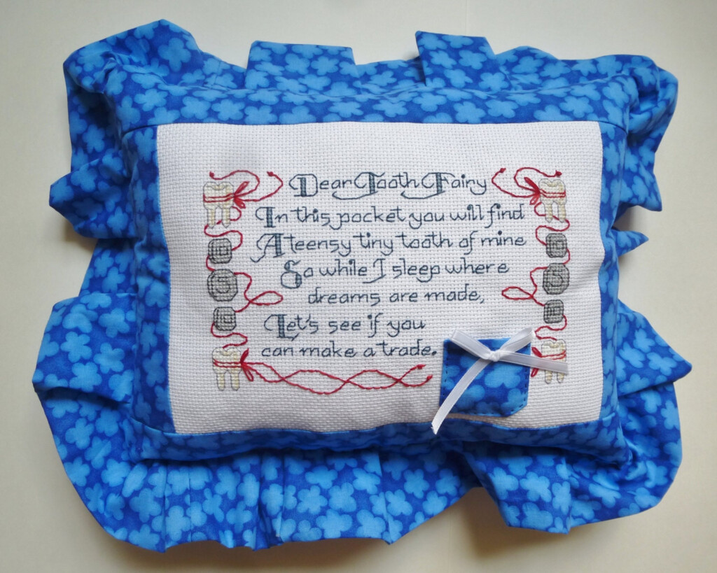 Cross Stitch Tooth Fairy Pillow Blue Fabrics By JennsHodgepodge - Counted Cross Stitch Tooth Fairy Pillow Patterns