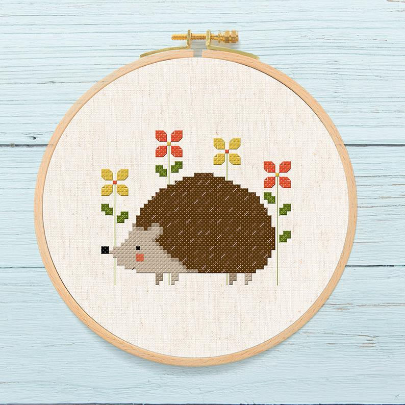Cute Hedgehog And Flowers Cross Stitch Pattern Modern Simple Etsy  - Free Cross Stitch Patterns Hedgehog