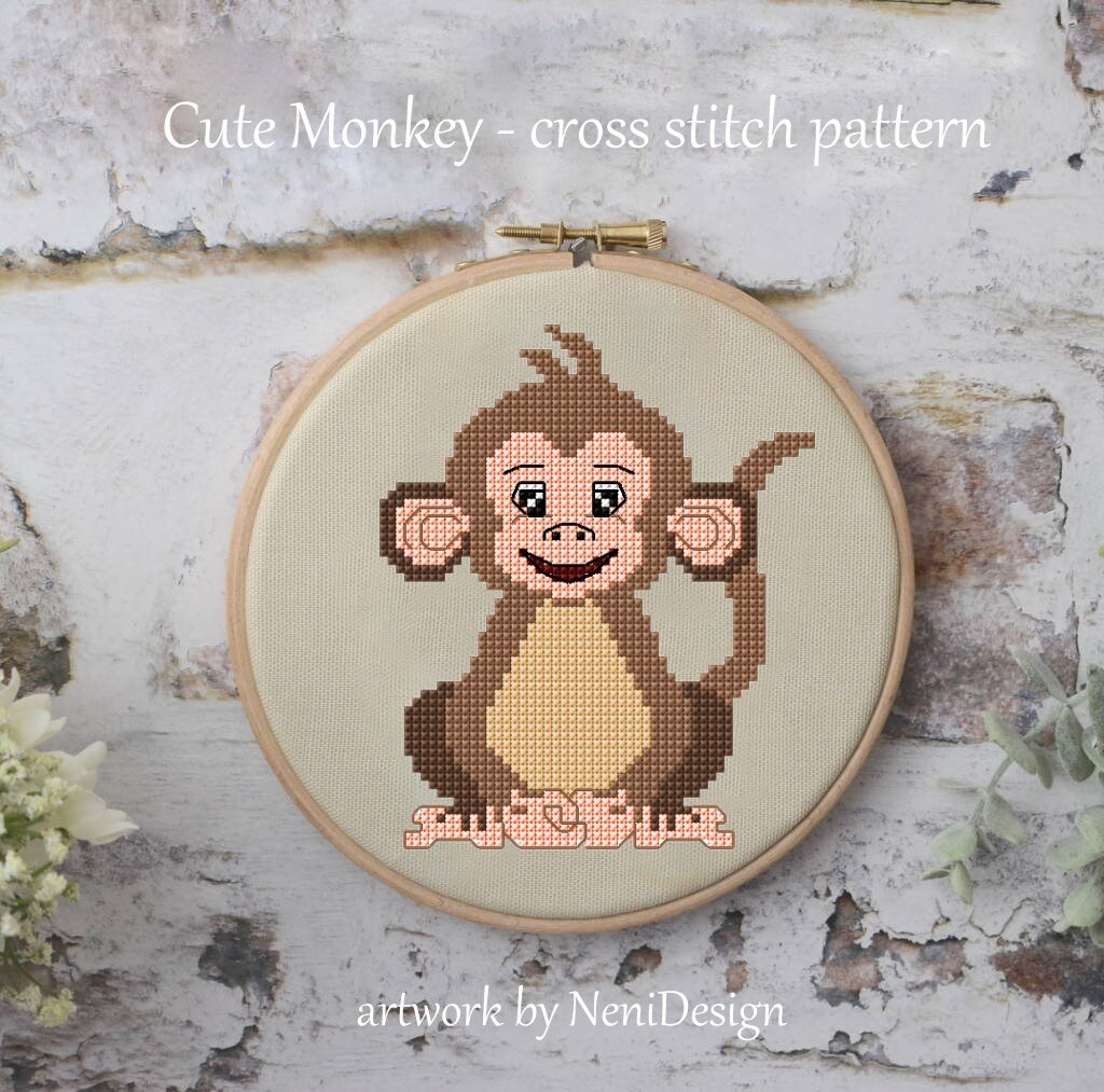 Cute Monkey Cross Stitch Pattern Jungle Animal Cute Animal Etsy - Small Monkey Cross Stitch Pattern