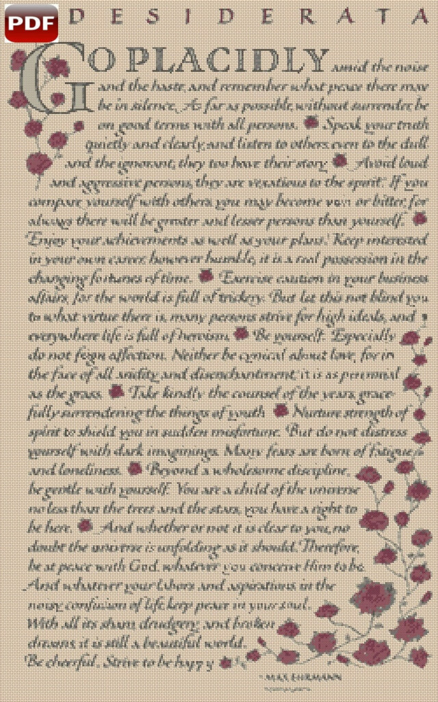 Digital Download PDF Cross Stitch Chart Desiderata Etsy - Free Desiderata Cross Stitch Pattern