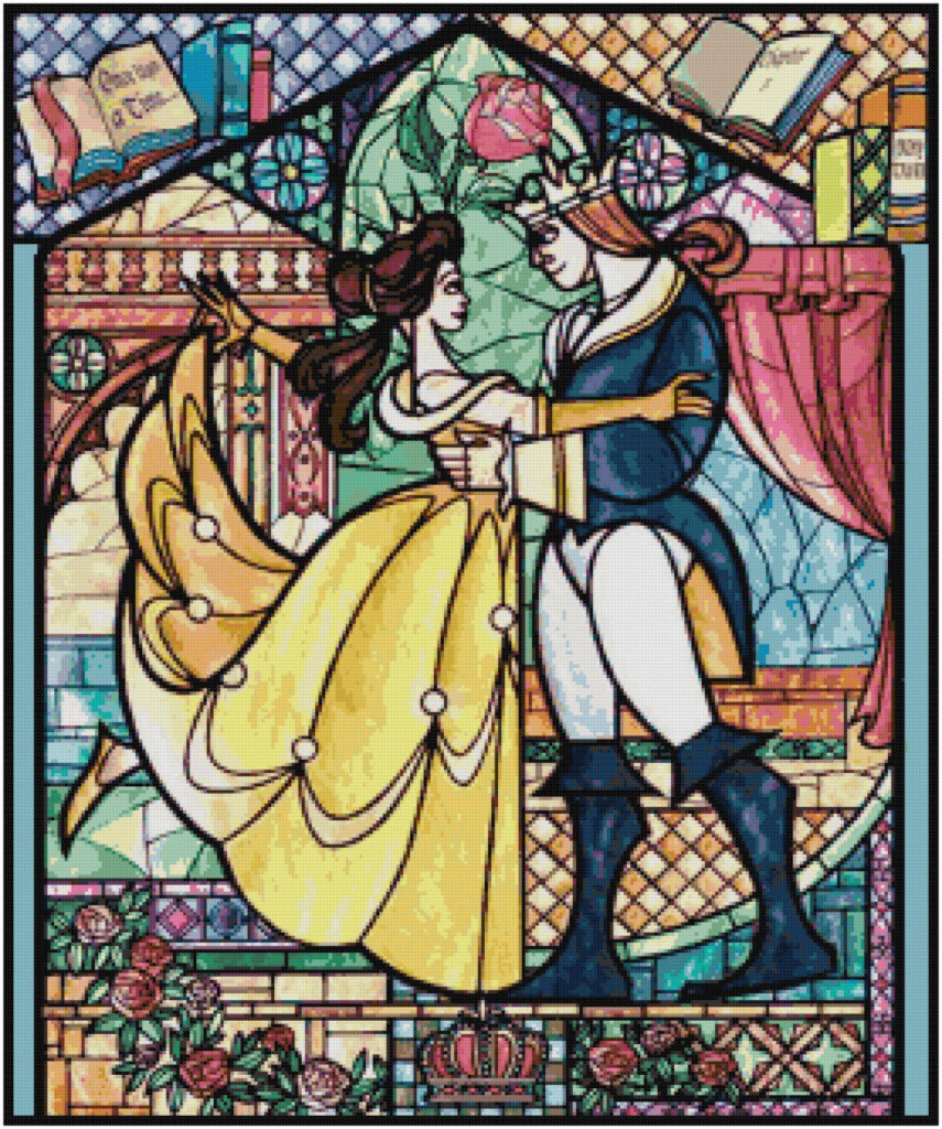 DISNEY BEAUTY AND THE BEAST STAINED GLASS CROSS STITCH PATTERN PDF ONLY  - Disney Stained Glass Cross Stitch Pattern