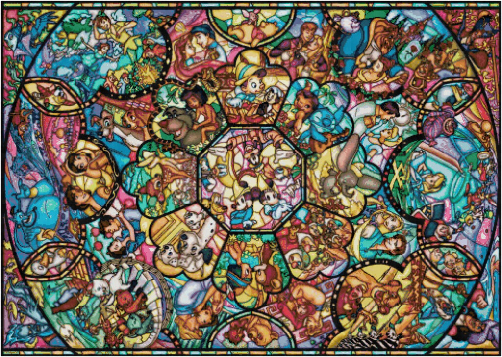 DISNEY CHARACTERS STAINED GLASS COLLAGE CROSS STITCH PATTERN - Disney Stained Glass Cross Stitch Pattern