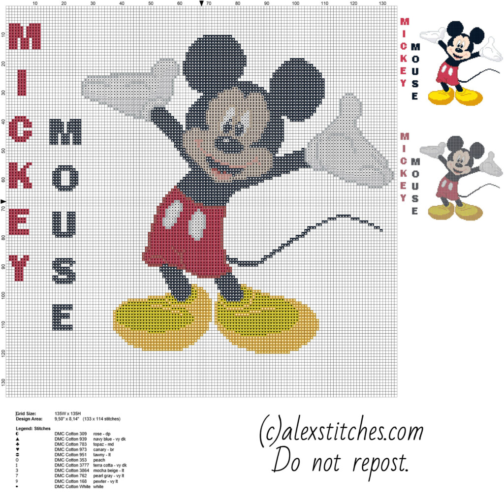 Disney Mickey Mouse Character With Text Name Big Size Cross Stitch  - Mickey Mouse Cross Stitch Pattern Free