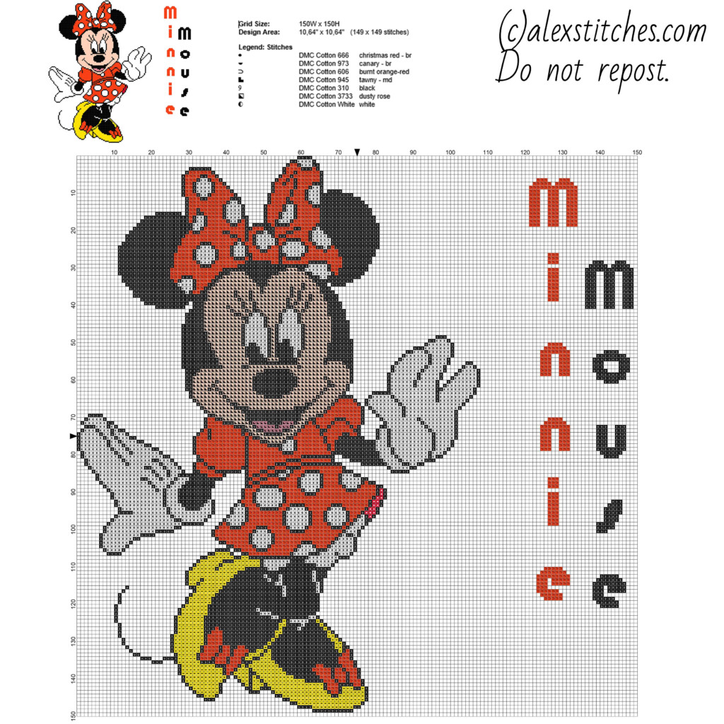 Disney Minnie Mouse Character Big Size Cross Stitch Pattern 149 X 149  - Free Mickey And Minnie Mouse Cross Stitch Patterns