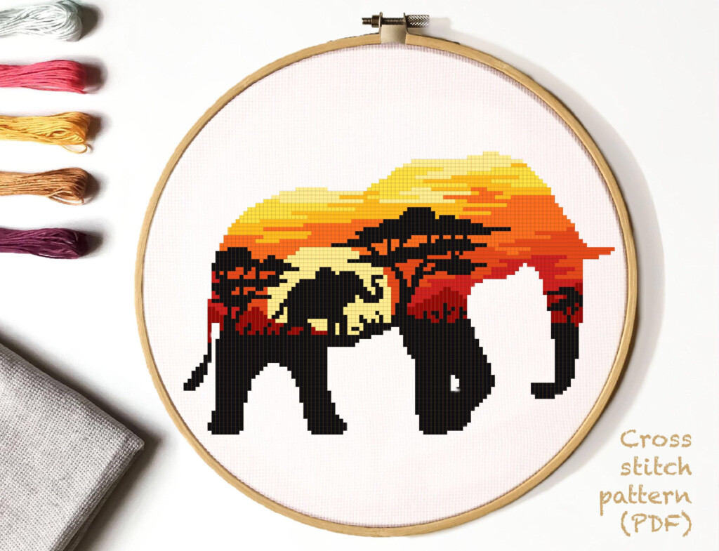 Elephant Cross Stitch Pattern Landscape Counted Cross Stitch Etsy - Vintage Elephant Cross Stitch Pattern