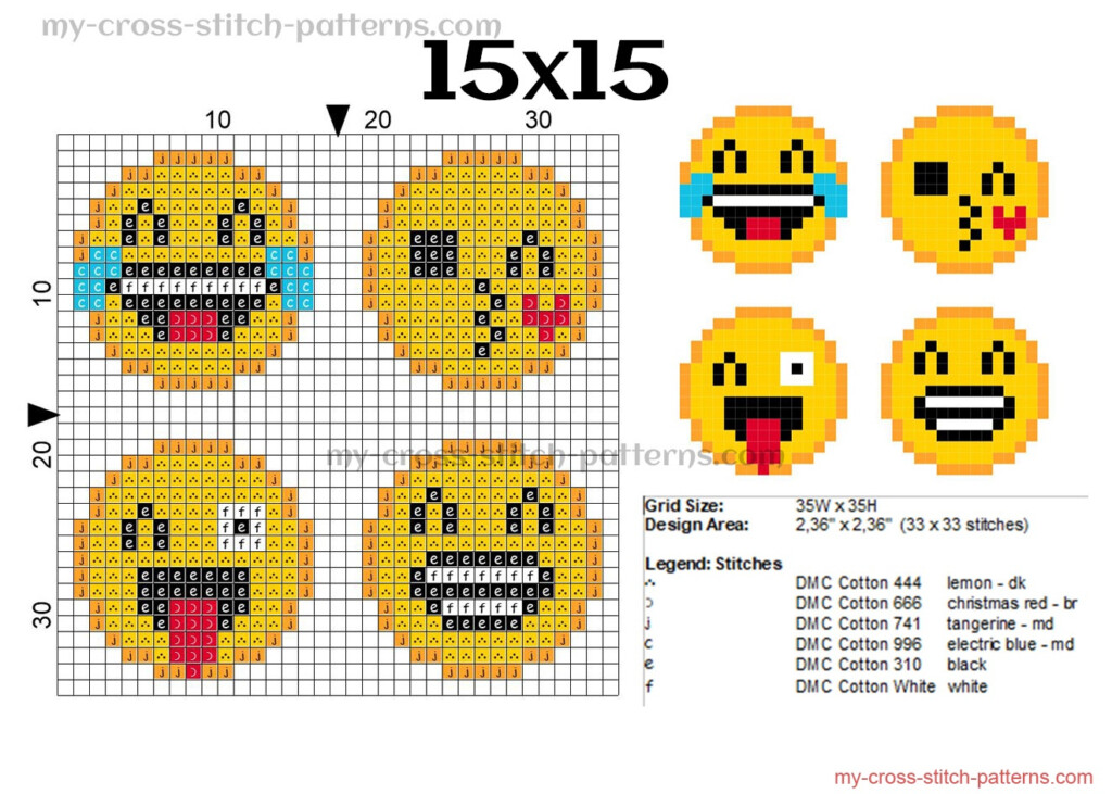 Emoticons emoji smiles free simple cross stitch patterns 15x15 Free  - Free Emoji Cross Stitch Patterns