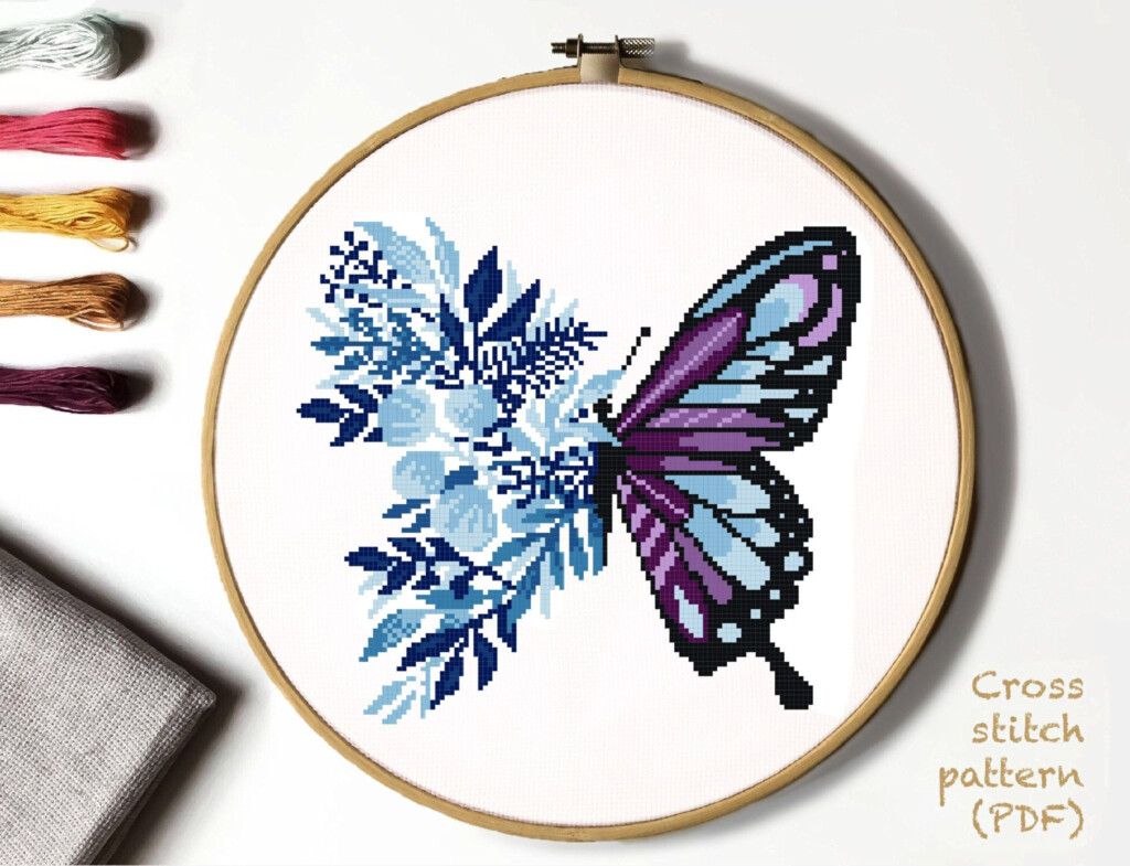 Floral Butterfly Modern Cross Stitch Pattern Flower Counted Cross  - Butterfly Counted Cross Stitch Patterns
