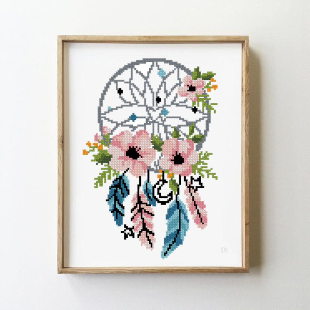 Floral Dream Catcher Counted Cross Stitch Pattern Flowers Etsy - Dream Catcher Counted Cross Stitch Pattern