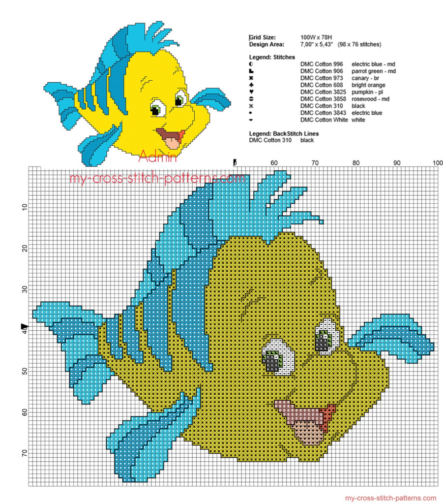 Flounder From Disney The Little Mermaid Cross Stitch Pattern With Back  - Printable Disney Cross Stitch Patterns