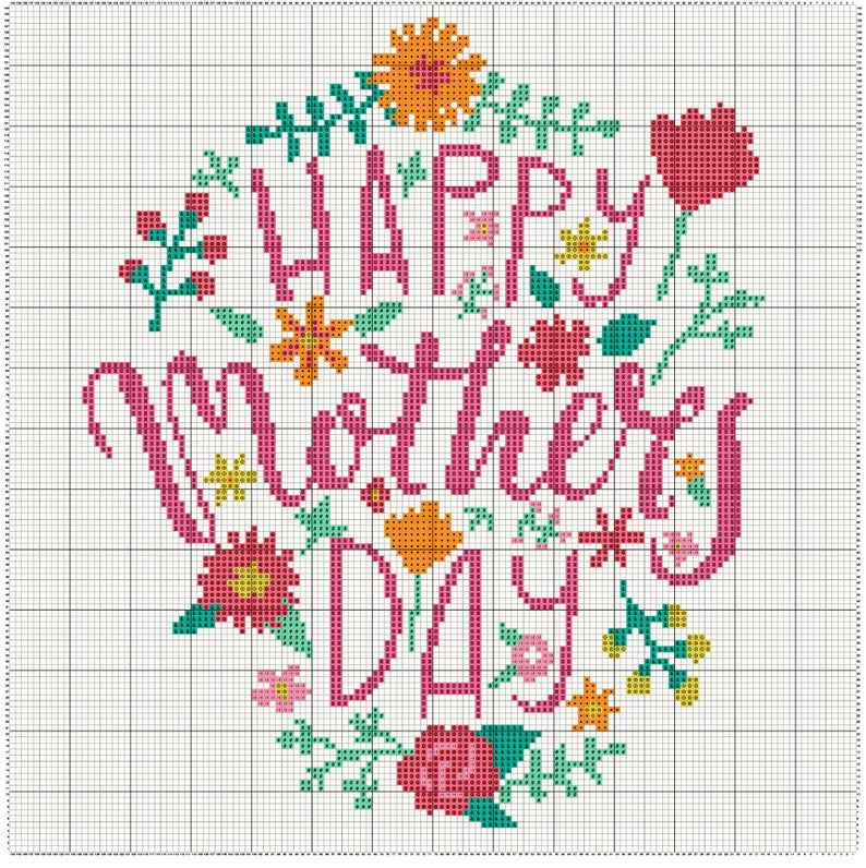 Flowers Mothers Day Cross Stitch Pattern Mom Cross Stitch Happy  - Mothers Day Cross Stitch Patterns