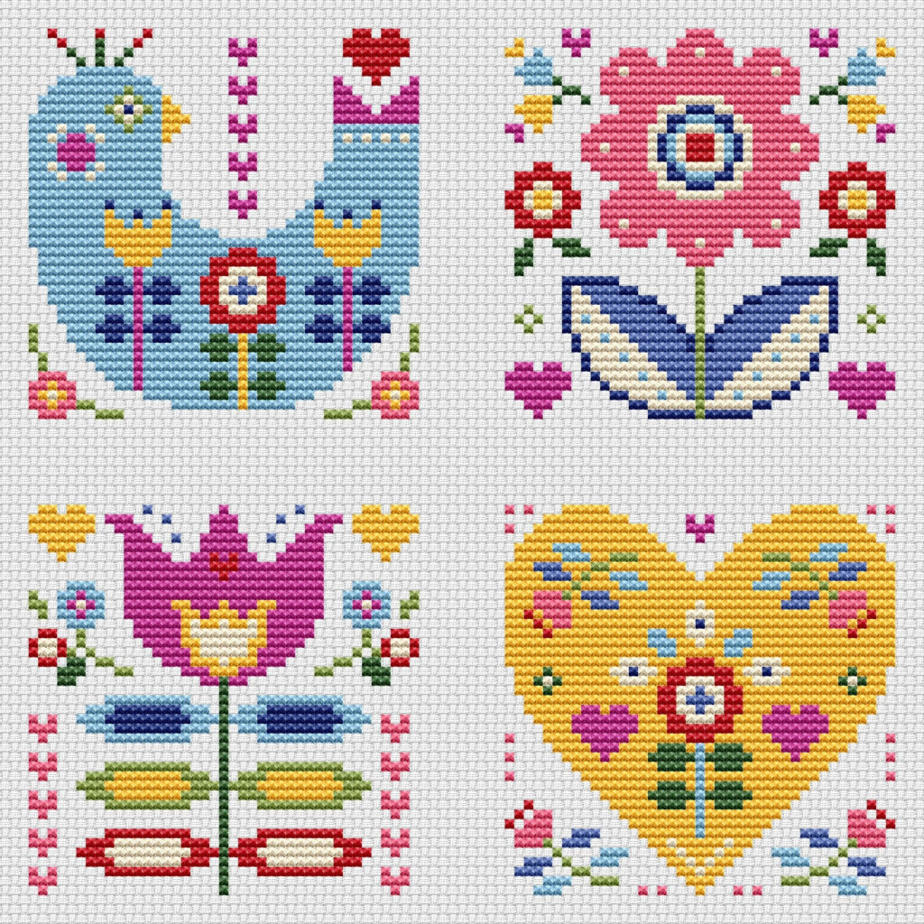 Folk Art Designs Colourful Folk style Greetings Set Of Four Cross  - Folk Art Cross Stitch Patterns