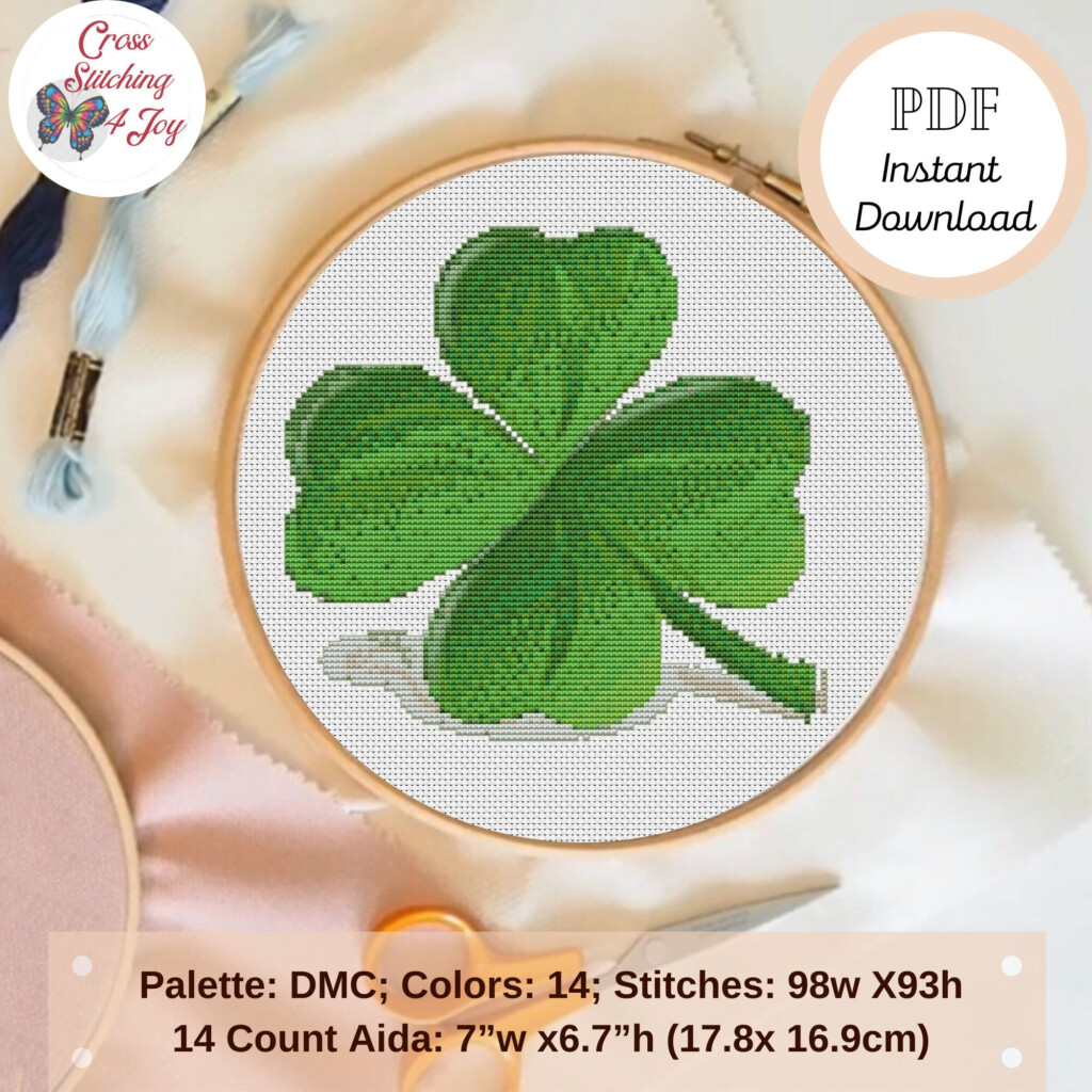 Four leaf Clover Cross Stitch Pattern Irish Home Decor Easy  - 4-leaf Clover Cross Stitch Pattern