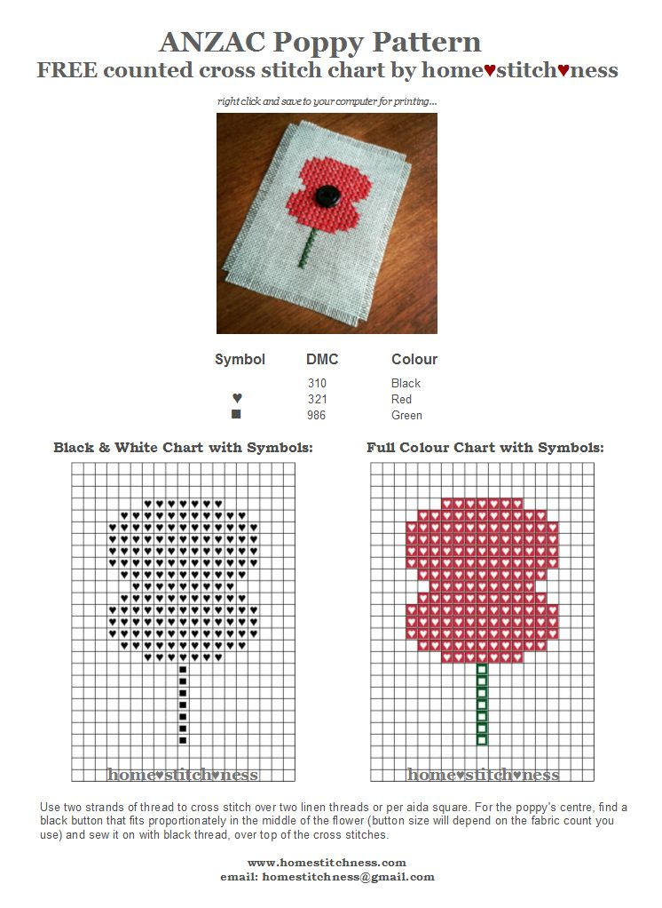 Free ANZAC Poppy Cross Stitch Chart By HomeStitchness - Small Poppy Cross Stitch Pattern Free
