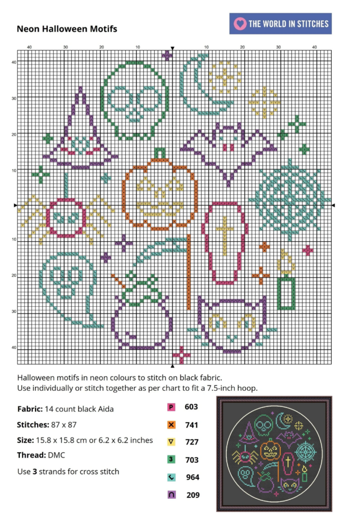Free Neon Halloween Cross Stitch Chart The World In Stitches Free  - Glow In The Dark Halloween Cross Stitch Patterns