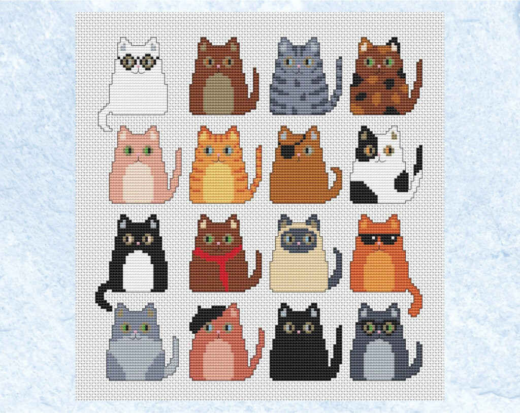 Funky Cats Cross Stitch Pattern Fun Mini Cat Motifs To Form One Picture  - Free Cat Cross Stitch Patterns