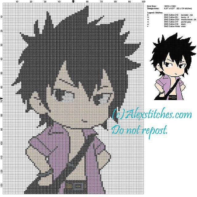 Gray Fairy Tail Cross Stitch Pattern 100x136 6 Colors Cross Stitch  - Fairy Tail Cross Stitch Pattern