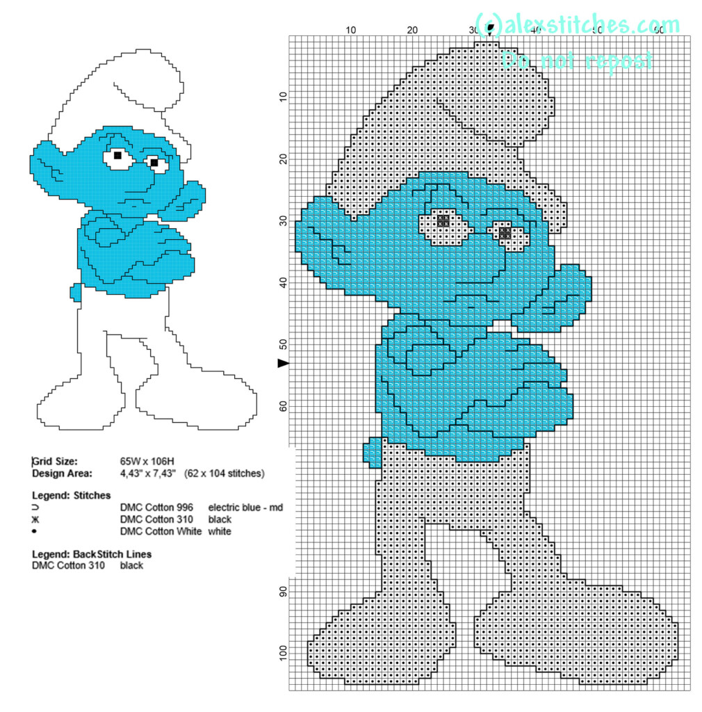 Grouchy Smurf The Smurfs Character Free Cross Stitch Pattern With Back  - Smurf Cross Stitch Pattern Free