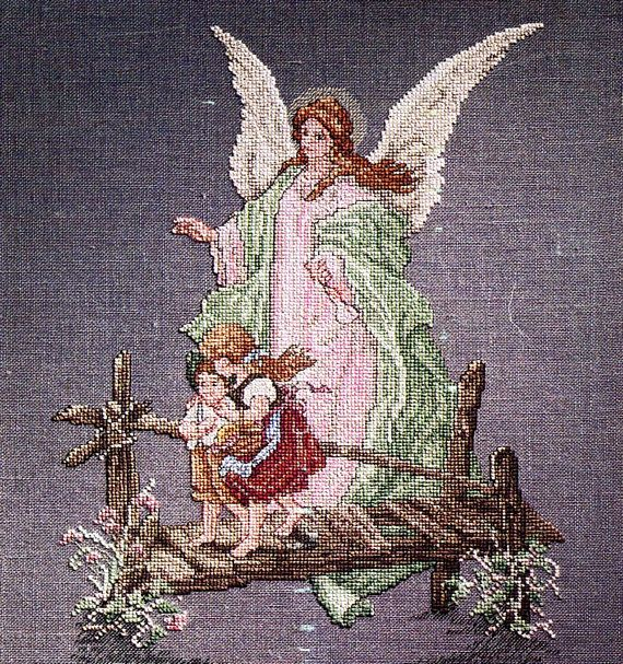 Guardian Angel Cross Stitch Pattern Children Crossing Over A Bridge  - Free Printable Cross Stitch Patterns Angels