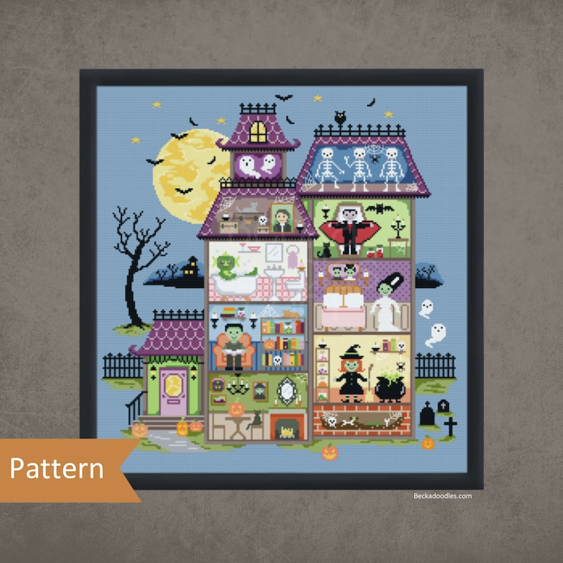 Happy Haunted House Cross Stitch Pattern Instant Download Etsy - Free Haunted House Cross Stitch Pattern