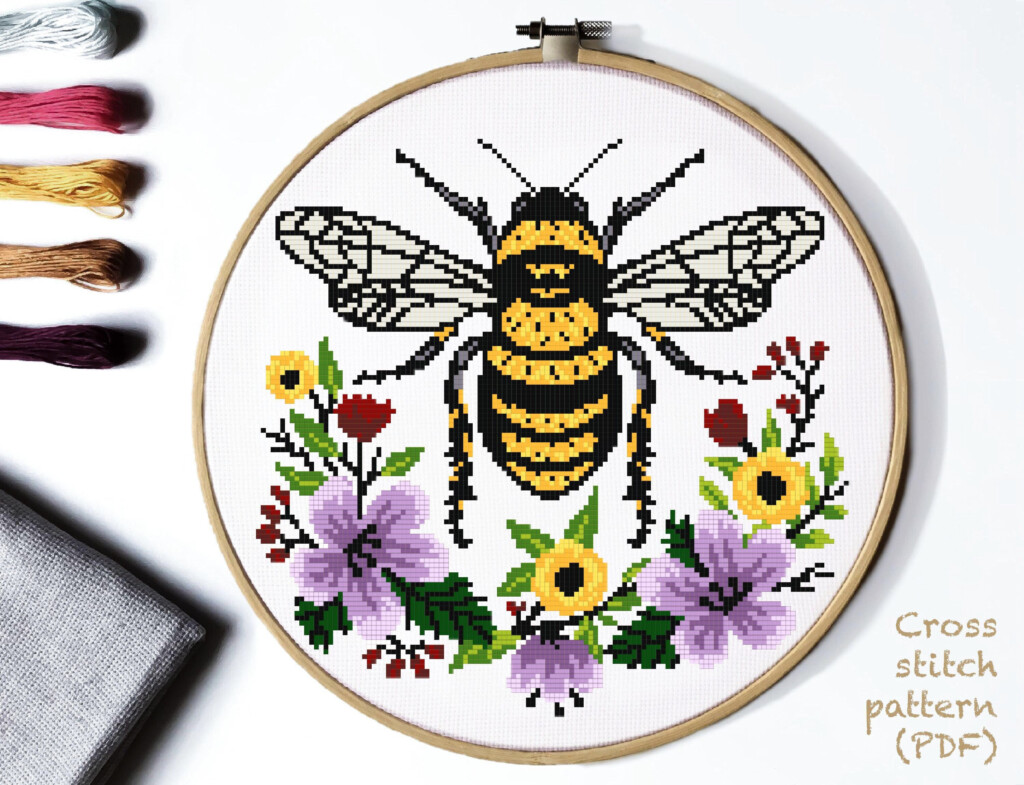 Honey Bee Modern Cross Stitch Pattern Flowers Wreath Insect Etsy - Honey Bee Cross Stitch Pattern