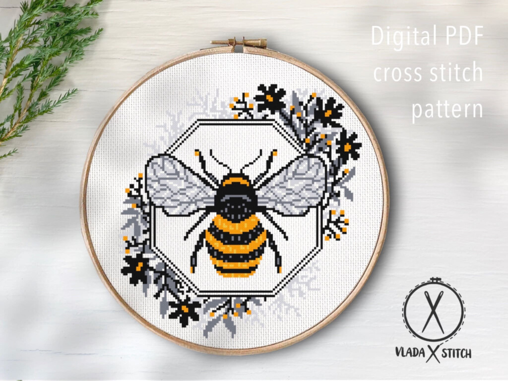 Honey Bee Modern Cross Stitch Pattern Flowers Wreath Insect Etsy - Honey Bee Cross Stitch Pattern