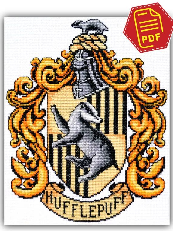 Hufflepuff House Crest Cross Stitch Pattern For Loyal And Delicate  - Hufflepuff Crest Cross Stitch Pattern