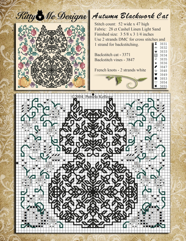 Kitty And Me Designs Autumn Blackwork Cat Free Cross Stitch Pattern - Blackwork Cross Stitch Patterns Free