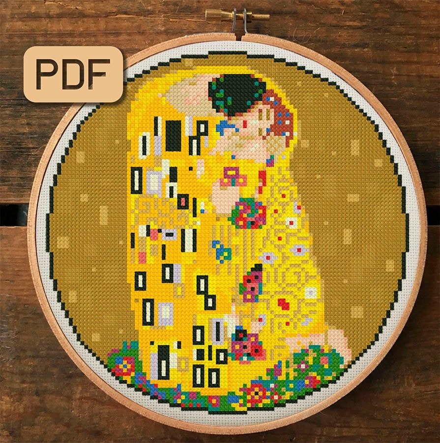 Klimt The Kiss Cross Stitch Pattern Famous Painting Needlepoint Easy  - Cross Stitch Patterns Of Famous Paintings